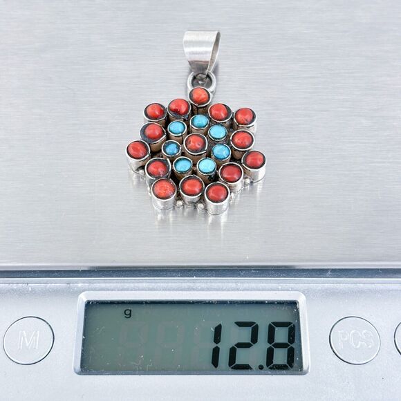 Vintage Sterling Silver 925 4cm Turquoise Coral Cluster Pendant - Picture 6 of 7